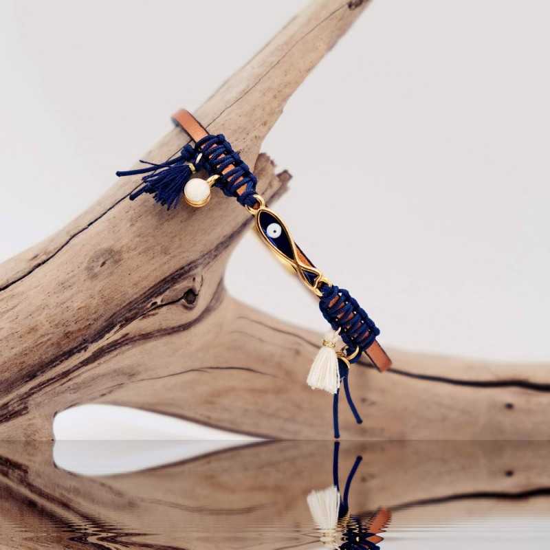 Leather bracelet with enamel, vitraux glass and metal parts in gold-plating