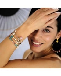 Leather bracelet with enamel and vitraux glass Leather bracelet with enamel, vitraux glass and metal parts in gold-plating