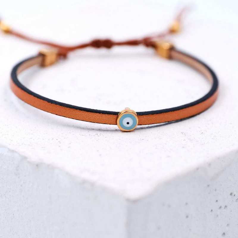 Handmade leather bracelet with enamel evil eye and rose gold-plated parts Handmade leather bracelet with enamel evil eye and rose gold-plated parts