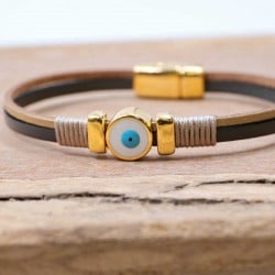 Δερμάτινο Βραχιόλι Μάτι Χειροποίητο δερμάτινο βραχιόλι με επίχρυσα στοιχεία και μάτι από σμάλτο