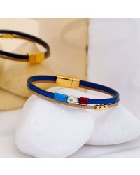 Evil Eye Leather Bracelet Handmade leather bracelet with gold-plated metal parts and enamelled evil eye