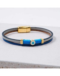 Women's Bracelet made of Leather Handmade leather bracelet with gold-plated metal parts and enamelled evil eye