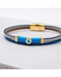 Women's Bracelet made of Leather Handmade leather bracelet with gold-plated metal parts and enamelled evil eye