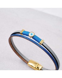 Women's Bracelet made of Leather Handmade leather bracelet with gold-plated metal parts and enamelled evil eye