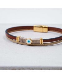 Women's Bracelet made of Leather Handmade leather bracelet with gold-plated metal parts and enamelled evil eye