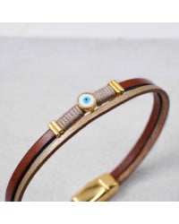 Women's Bracelet made of Leather Handmade leather bracelet with gold-plated metal parts and enamelled evil eye
