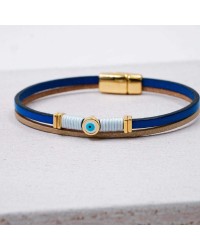 Women's Bracelet made of Leather Handmade leather bracelet with gold-plated metal parts and enamelled evil eye