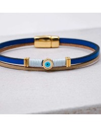 Women's Bracelet made of Leather Handmade leather bracelet with gold-plated metal parts and enamelled evil eye