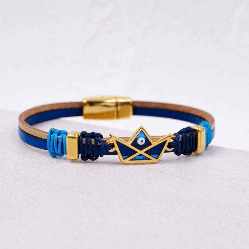 Leather bracelet with gold-plated enamelled boat Handmade leather bracelet with gold-plated metal parts and enamelled boat