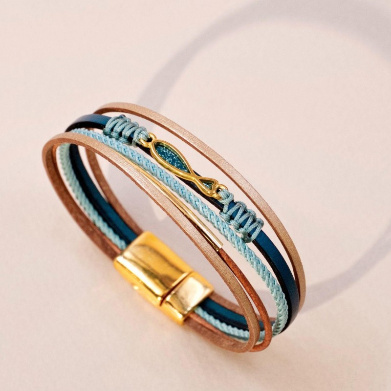 Δερμάτινο Βραχιόλι Enamelled Fish Χειροποίητο δερμάτινο βραχιόλι με επίχρυσα στοιχεία και ψαράκι από σμάλτο