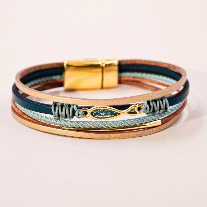 Δερμάτινο Βραχιόλι Enamelled Fish Χειροποίητο δερμάτινο βραχιόλι με επίχρυσα στοιχεία και ψαράκι από σμάλτο