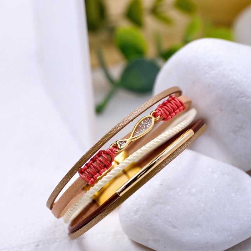 Enamelled Fish Leather Bracelet Handmade leather bracelet with gold-plated metal parts and enamelled little fish