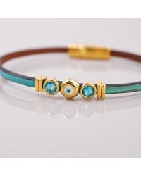 Evil Eye and Crystals Leather Bracelet Handmade leather bracelet with gold-plated enamelled evil eye