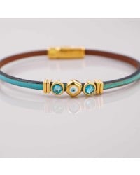 Evil Eye and Crystals Leather Bracelet Handmade leather bracelet with gold-plated enamelled evil eye
