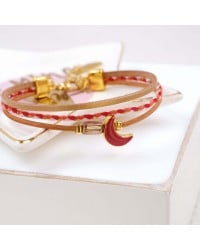 Leather Bracelet with Enamel Moon Handmade leather bracelet with gold-plated enamel moon
