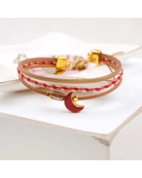 Leather Bracelet with Enamel Moon Handmade leather bracelet with gold-plated enamel moon