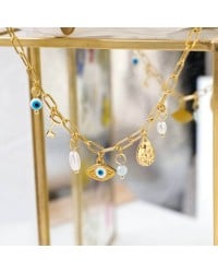 Chain bracelet with gold-plated parts and evil eye Handmade bracelet made of chain with gold-plated metal parts