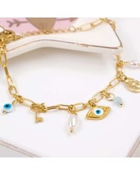 Chain bracelet with gold-plated parts and evil eye Handmade bracelet made of chain with gold-plated metal parts