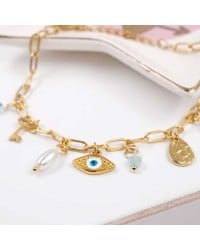 Chain bracelet with gold-plated parts and evil eye Handmade bracelet made of chain with gold-plated metal parts
