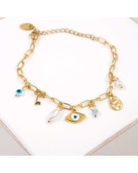 Chain bracelet with gold-plated parts and evil eye Handmade bracelet made of chain with gold-plated metal parts