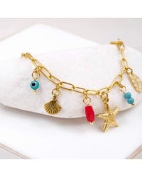 Chain bracelet with sea elements and evil eye Handmade bracelet made of chain with gold-plated metal parts