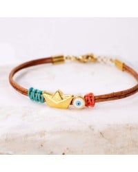 Leather Bracelet with evil Eye and metal boat Handmade leather bracelet with gold-plated metallic boat