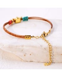 Leather Bracelet with evil Eye and metal boat Handmade leather bracelet with gold-plated metallic boat