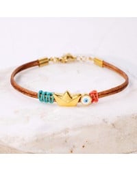 Leather Bracelet with evil Eye and metal boat Handmade leather bracelet with gold-plated metallic boat