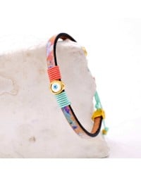 Leather bracelet with enamel evil eye Leather bracelet with enamel evil eye and metal parts in gold-plating