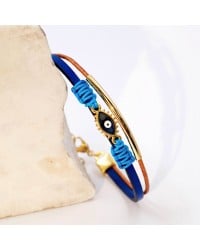 Leather Bracelet with enamelled evil eye Handmade leather bracelet with gold-plated enamelled evil eye