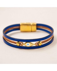 Leather bracelet with evil eye Handmade leather bracelet with gold-plated metal parts and enamelled evil eye