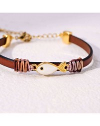 Leather Bracelet with gold-plated metallic enamelled fish Handmade leather bracelet with gold-plated metallic enamelled fish