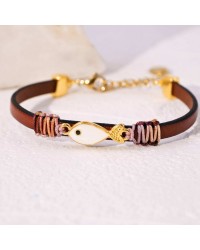 Leather Bracelet with gold-plated metallic enamelled fish Handmade leather bracelet with gold-plated metallic enamelled fish