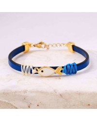 Leather Bracelet with gold-plated metallic enamelled fish Handmade leather bracelet with gold-plated metallic enamelled fish
