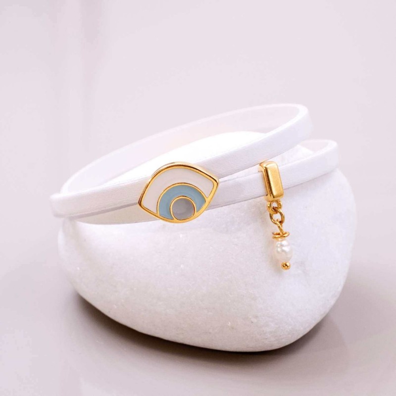 Leather bracelet with evil eye Handmade leather bracelet with gold-plated metal parts and enamelled evil eye
