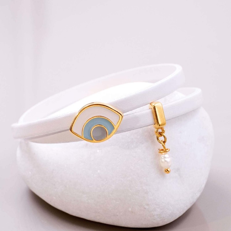 Leather bracelet with evil eye Handmade leather bracelet with gold-plated metal parts and enamelled evil eye