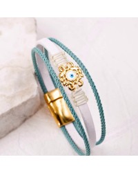 Leather bracelet with evil eye Handmade leather bracelet with gold-plated metal parts and enamelled evil eye