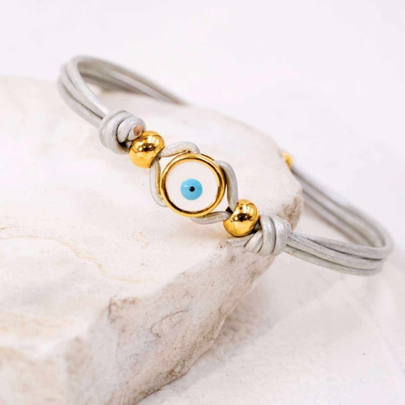 Evil Eye Leather Bracelet Handmade leather bracelet with gold-plated enamelled evil eye
