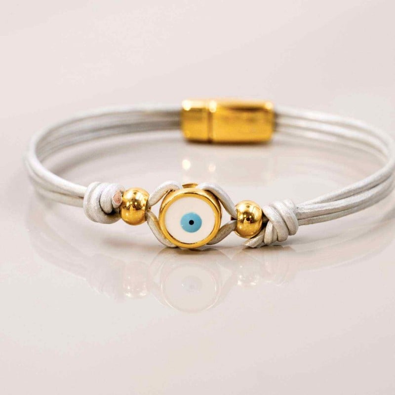 Evil Eye Leather Bracelet Handmade leather bracelet with gold-plated enamelled evil eye