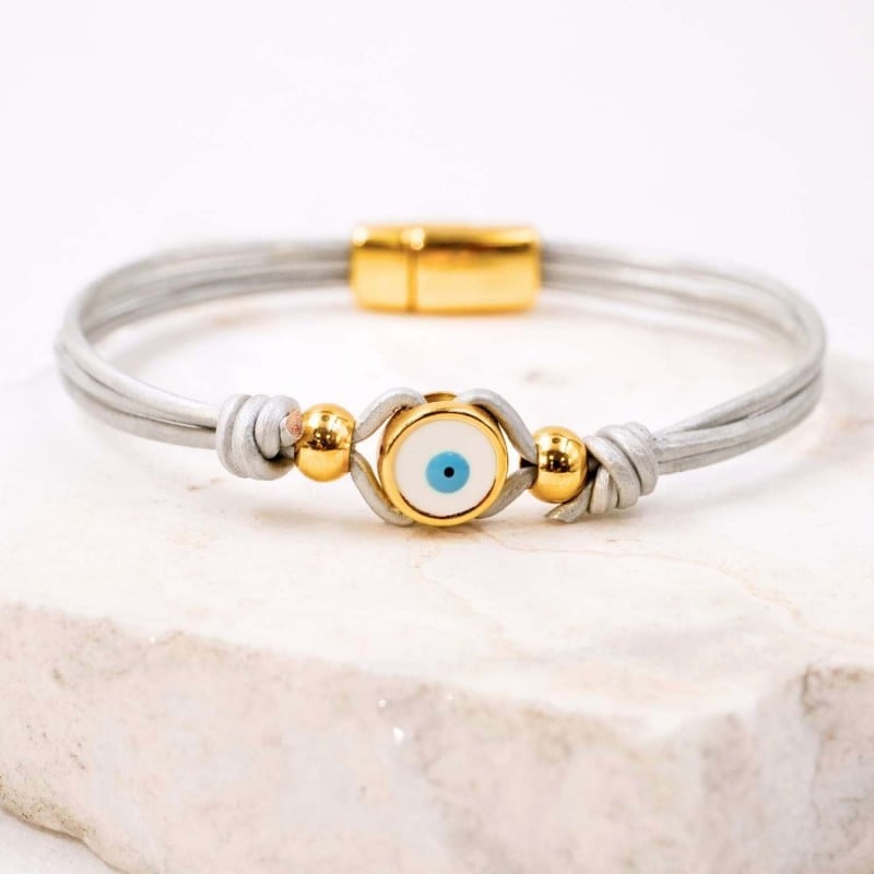 Evil Eye Leather Bracelet Handmade leather bracelet with gold-plated enamelled evil eye