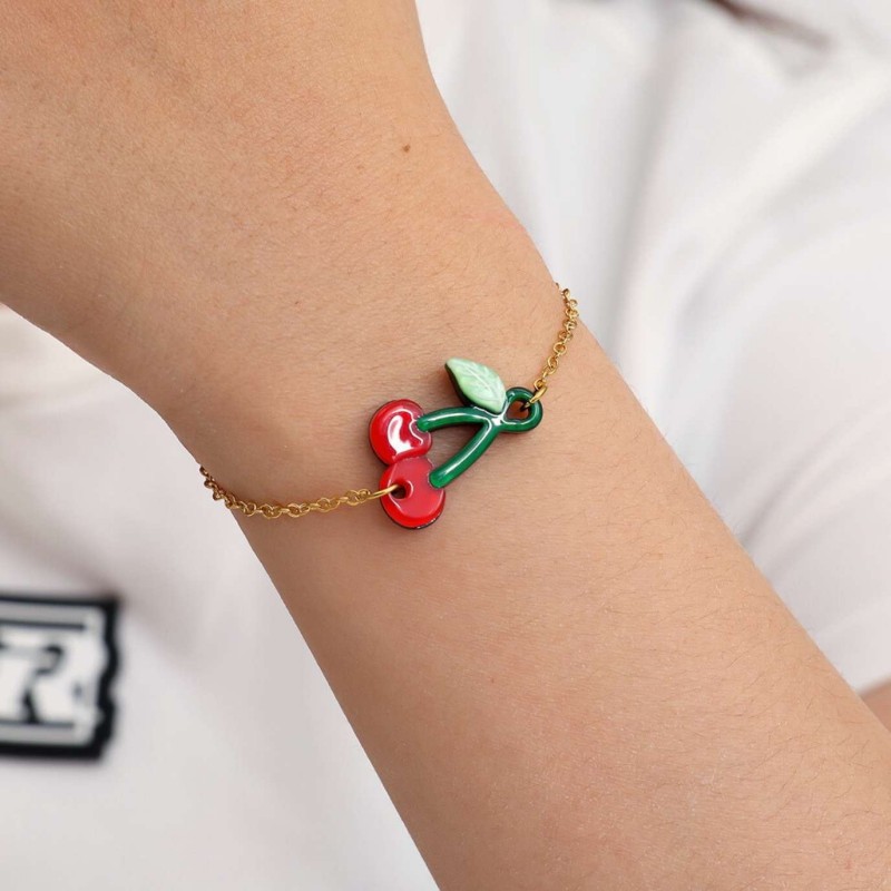 Επίχρυσο βραχιόλι αλυσίδα από ανοξείδωτο ατσάλι με κερασάκια από σμάλτο