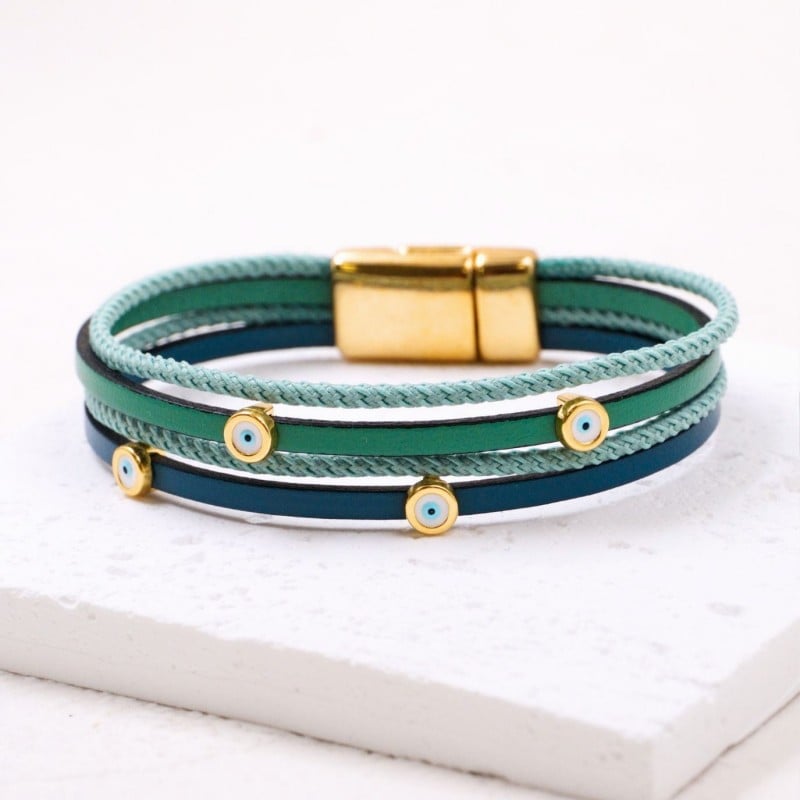 Leather bracelet with evil eyes Handmade leather bracelet with gold-plated metal parts and enamelled evil eyes
