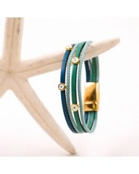Leather bracelet with evil eyes Handmade leather bracelet with gold-plated metal parts and enamelled evil eyes