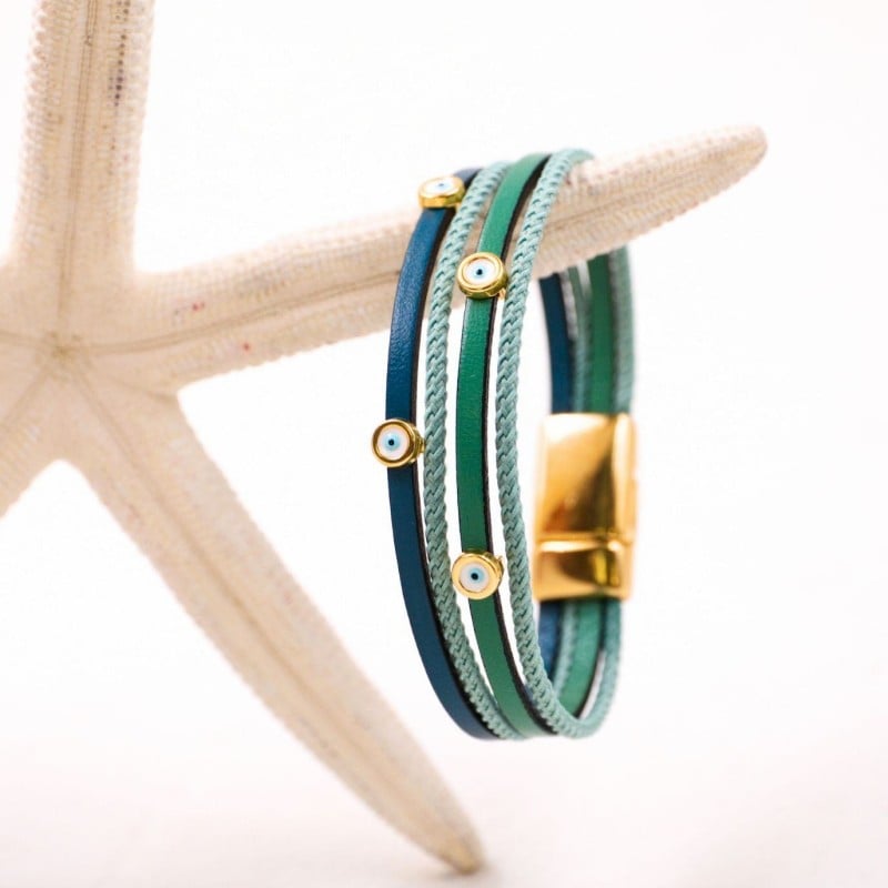 Leather bracelet with evil eyes Handmade leather bracelet with gold-plated metal parts and enamelled evil eyes