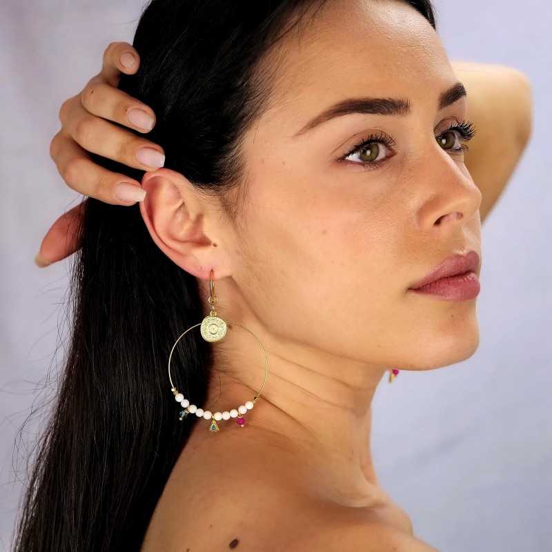 Oversized hoops with pearls and crystals in gold-plating 