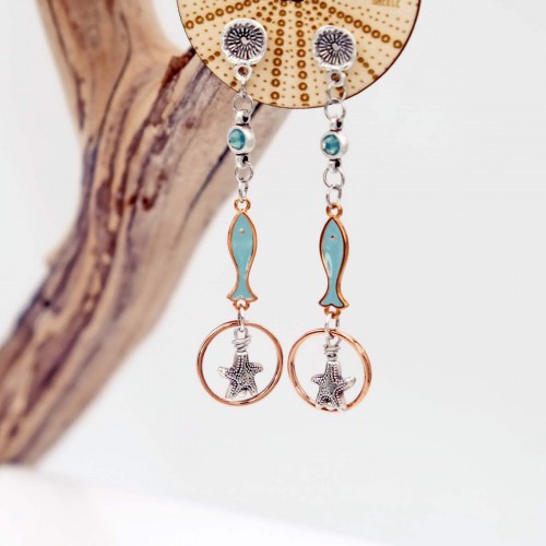 Long earrings silver-plated with crystals and enamel on wooden engraved card 