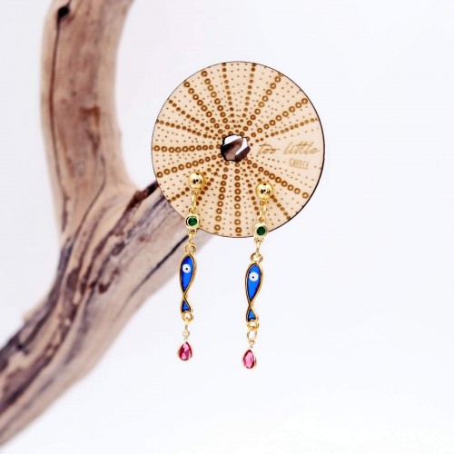 Dangle earrings gold-plated with zircon and glass on wooden engraved card 