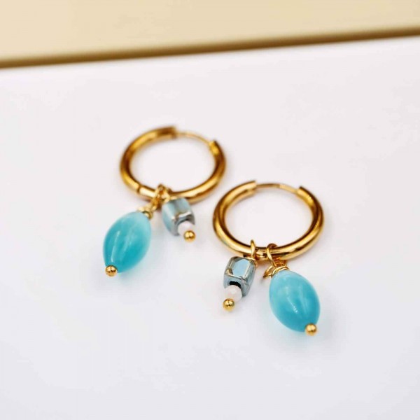 Handmade hoop earrings gold-plated with semiprecious  beads
