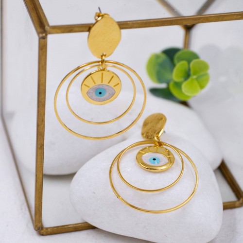 Handmade hoop earrings with enamelled evil eyes and 24K gold-plating