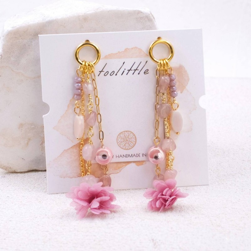 Evil Eyes and Flower Earrings Dangle gold-plated earrings made of chains and ceramic evil eyes